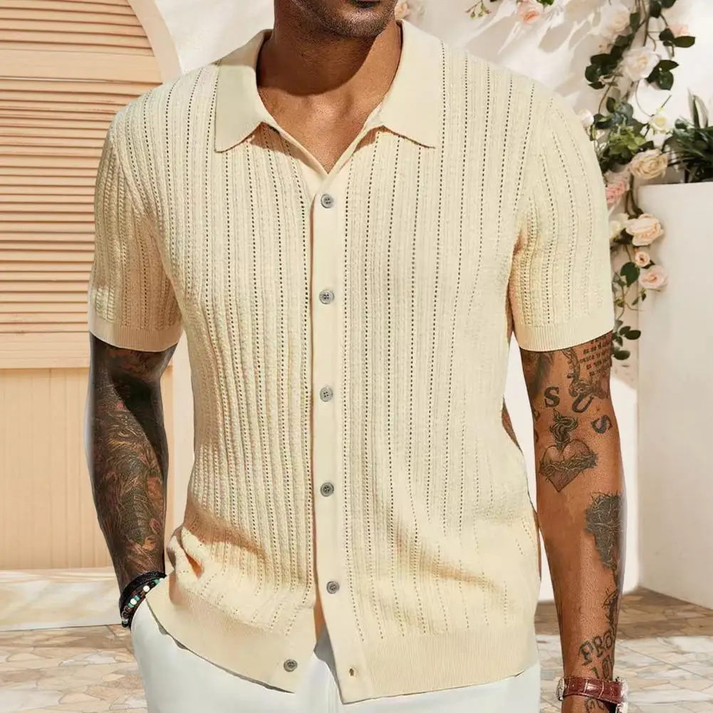 

Men Knitted Hollow Out Shirts Lapel Single-breasted Solid Color Soft Short Sleeve Cardigan Mid Length Vacation Beach Top Camisas