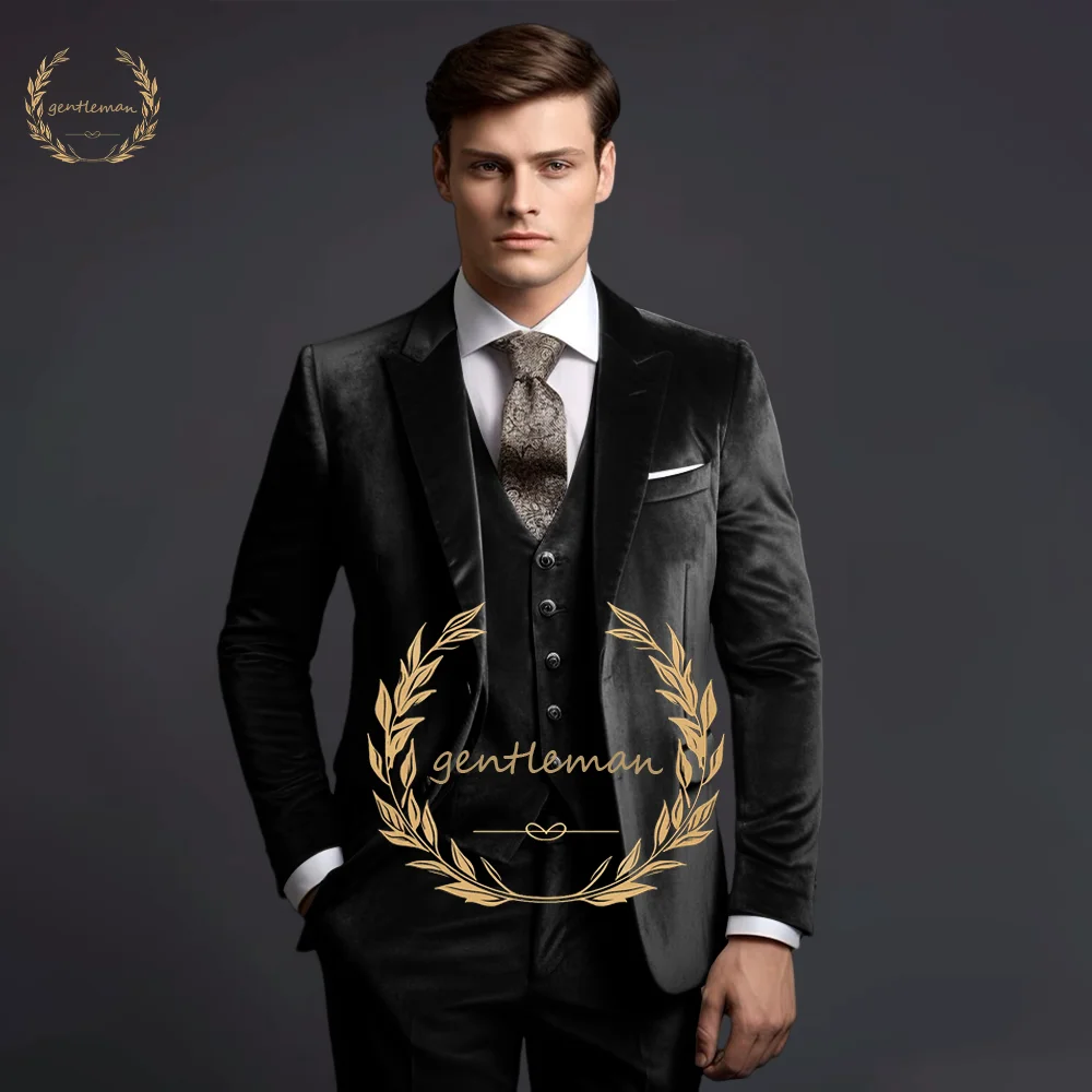 Men's velvet suit 3 piece set, custom made party wedding banquet event suit slim and stylish (jacket vest pants)