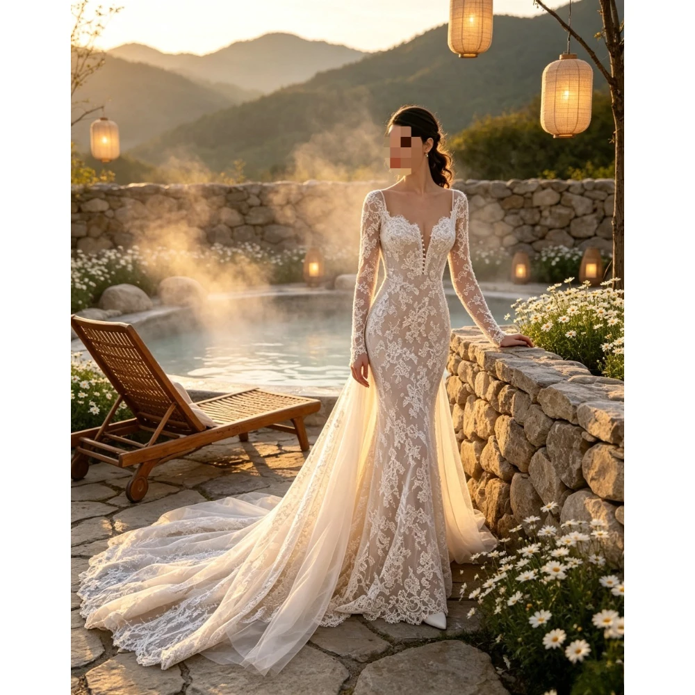 Customized Vintage Mermaid Wedding Dress 2026 Scalloped Spaghetti Square Chapel Train Floral Lace Detachable Tulle Bridal Gown