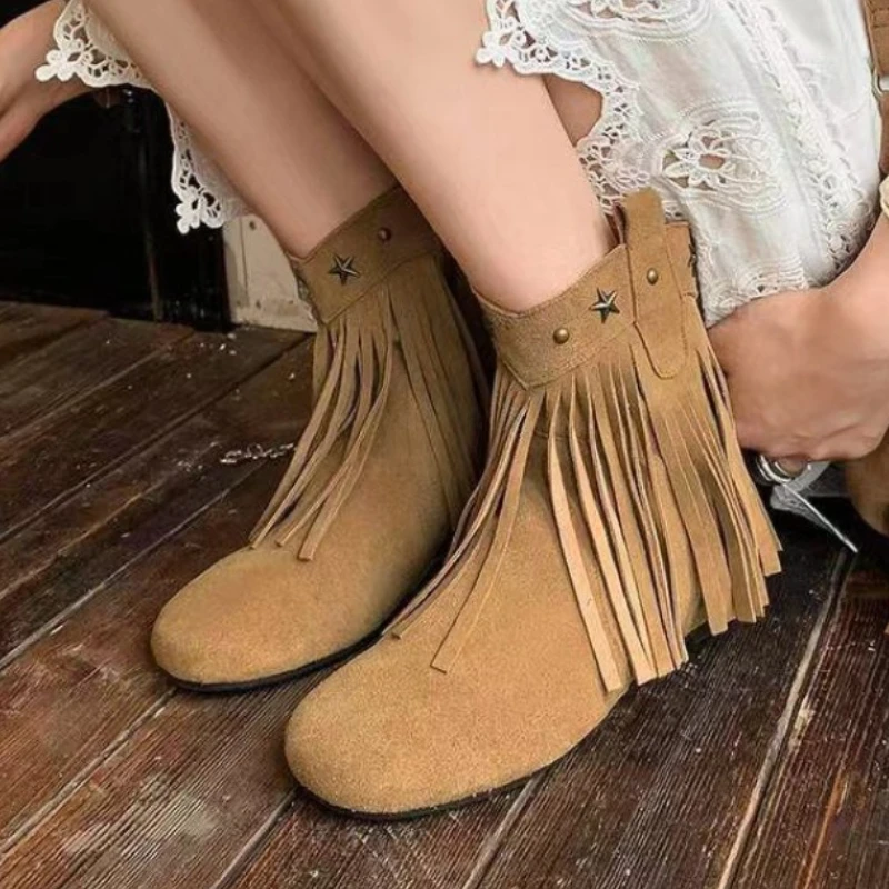 Ladies Shoes on Sale 2024 Fashion Side Zipper Women Boots Autumn Round Toe Solid Middle Tube Low-heeled Large Size Tassel Boots