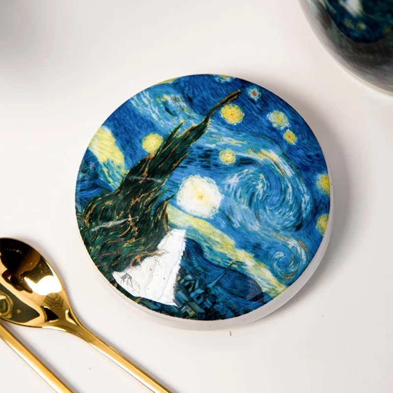Canecas de café de porcelana de osso fino com pintura Van Gogh de grande capacidade com tampa em caixa de presente