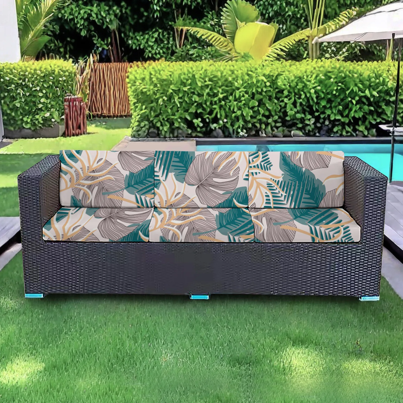 Summer Green Leaf Print Sofa Cushion Cover Outdoor Camping Rattan Chair Courtyard Sunsreen Public Place Cushion Protective Cover
