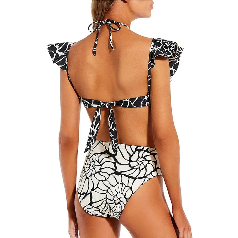 One-piece Women Swimwear Double Sided Ruffle Edge Print print Swimsuit Bikini Set Beach Vacation  Style Wear Maxi Dress Skirt