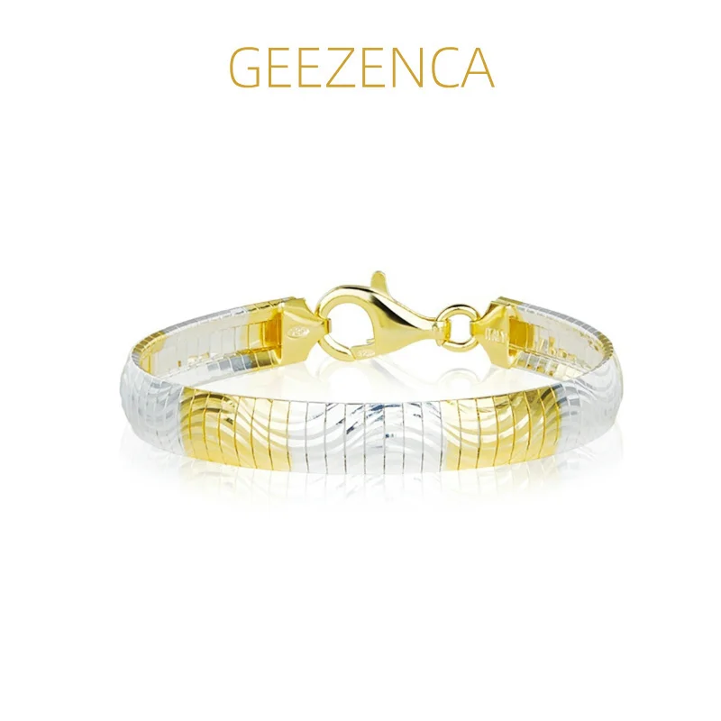 GEEZENCA Italian Style S925 Silver Two Tone Stripe Wave Texture Bracelet For Women Chic Luxury Shiny 8mm Width Bracelets Gift