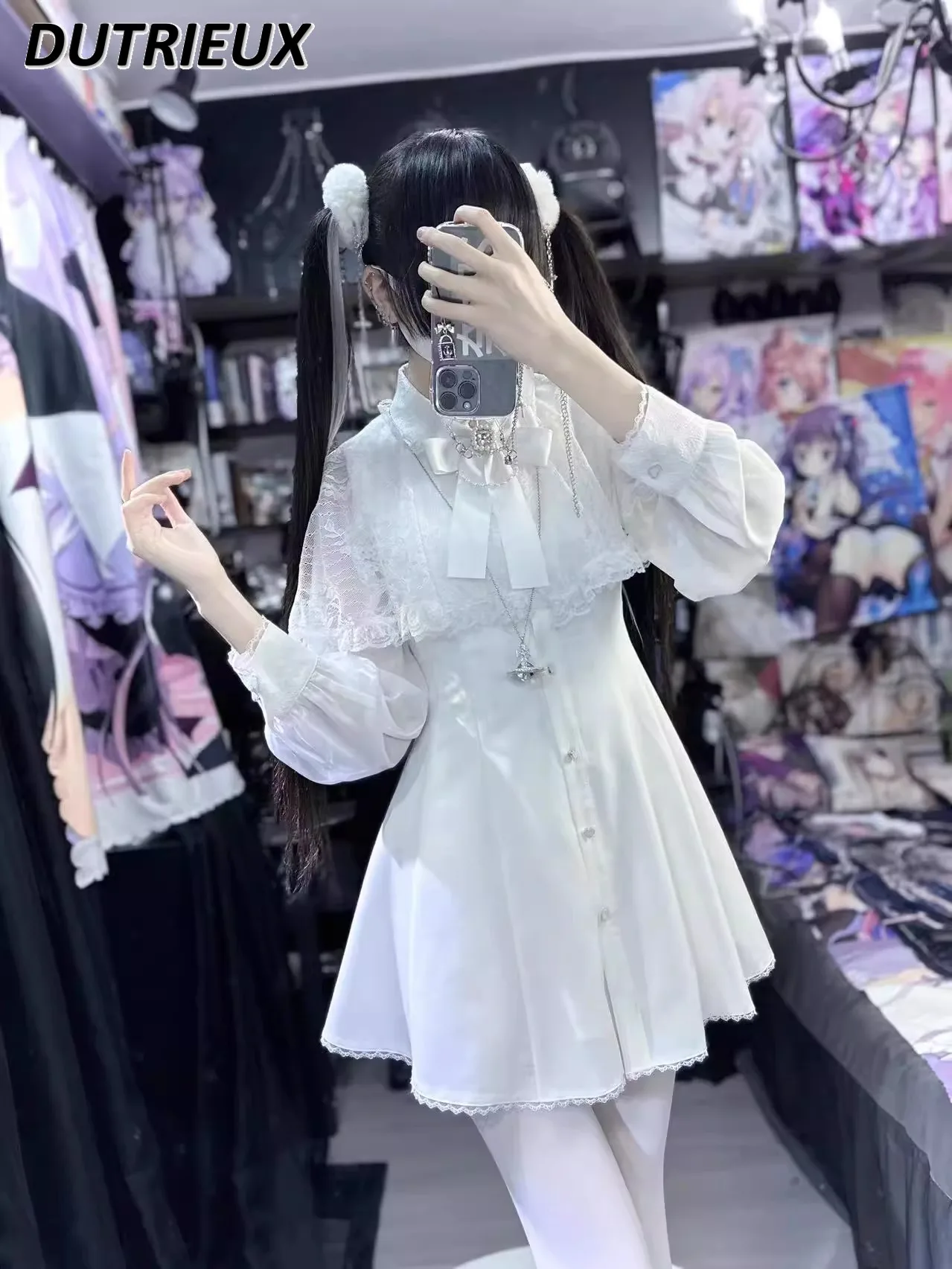 Spring and Summer Mass-produced Clear-tie Shawl Lace Dress Chiffon Long-sleeved Japanese Cute Single-breasted Waist Dresses