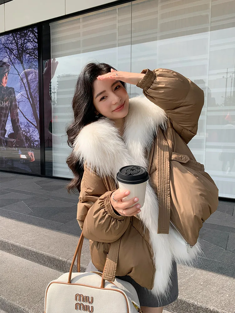 

Winter Thiened ort Fur Coat Women's Goose down Jaet Large Fur Collar Commuter Sle Korean Version Warmth Assurance