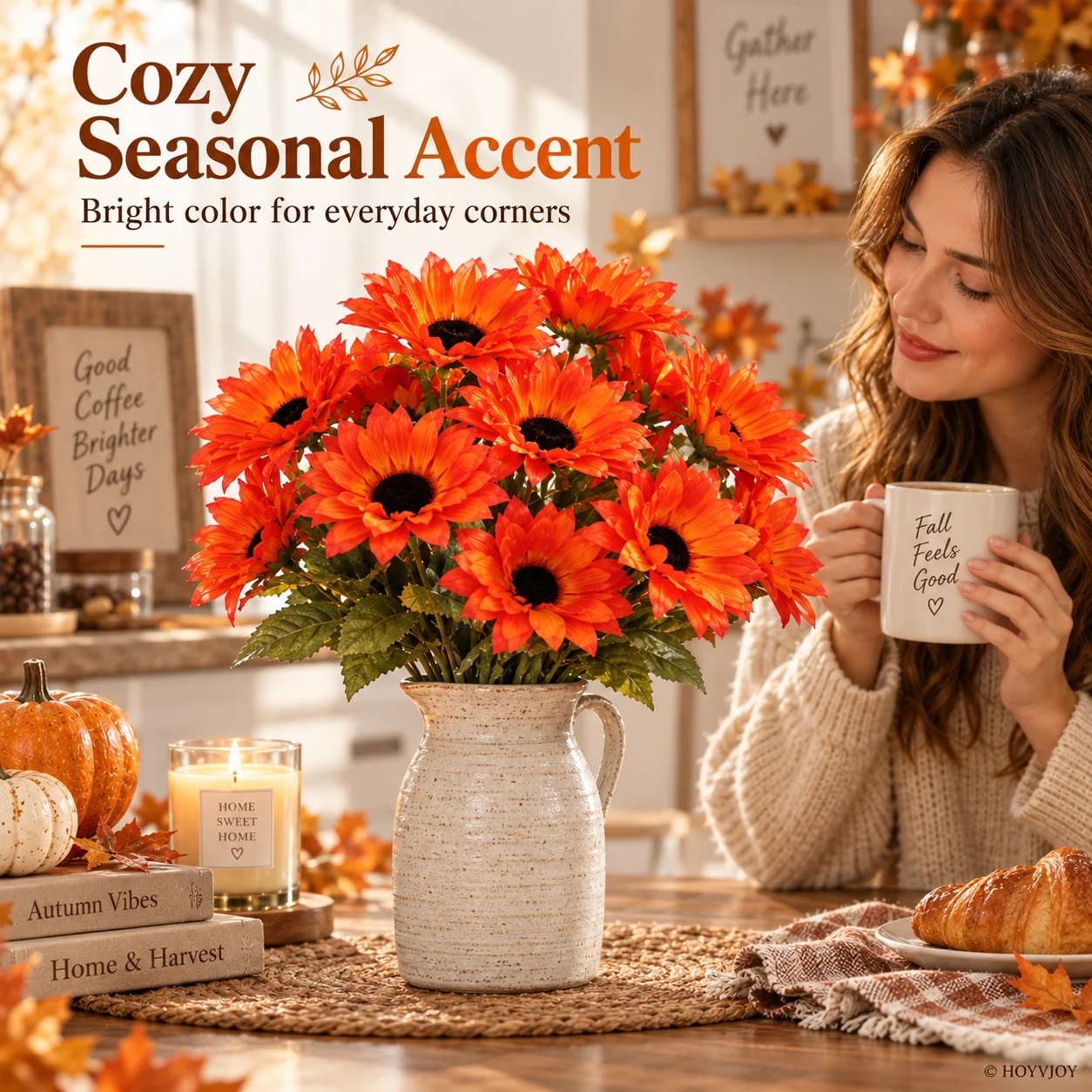 HOYVJOY 1/5/10pcs Orange Daisy Fall Floral Stems Autumn Flowers for Vase DIY Arrangement Thanksgiving Harvest Home Decor