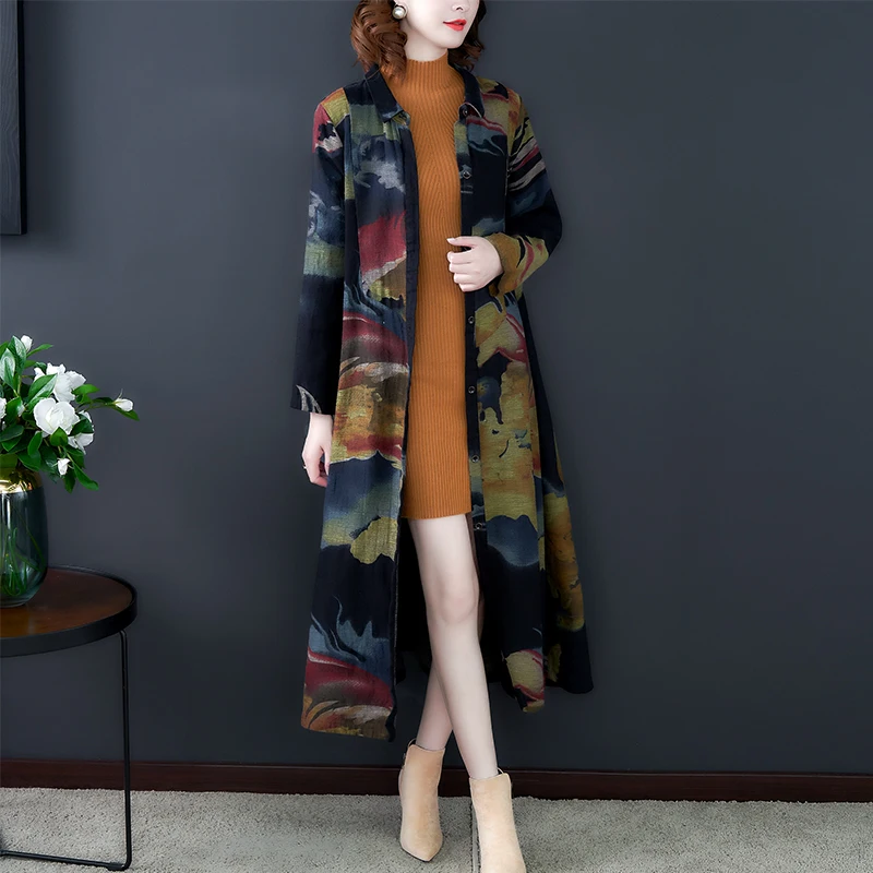 

2023 Autumn/Winter New Silk Vintage Print Long Sleeve Coat Coat Women's Polo Neck Loose Size Knee Length Dress Windbreaker Robe