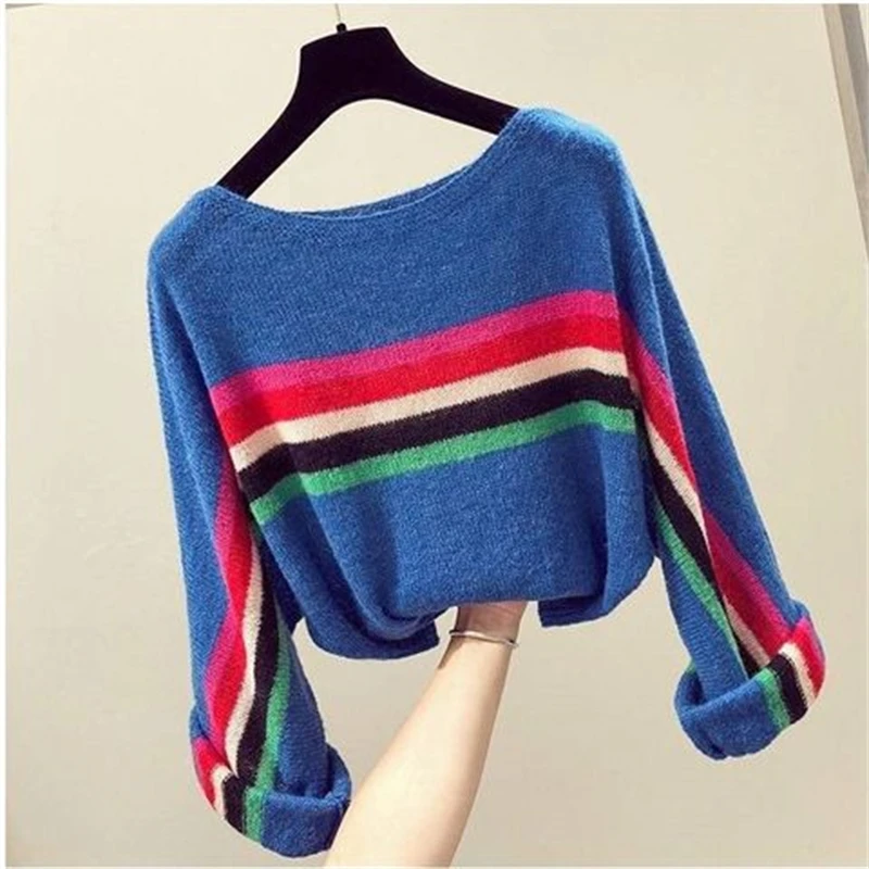 Women\'s Clothing Autumn Winter Trendy Striped Streetwear Y2K Knitted Sweater Casual Loose Long Sleeve Pullover Tops Chic Jumpers