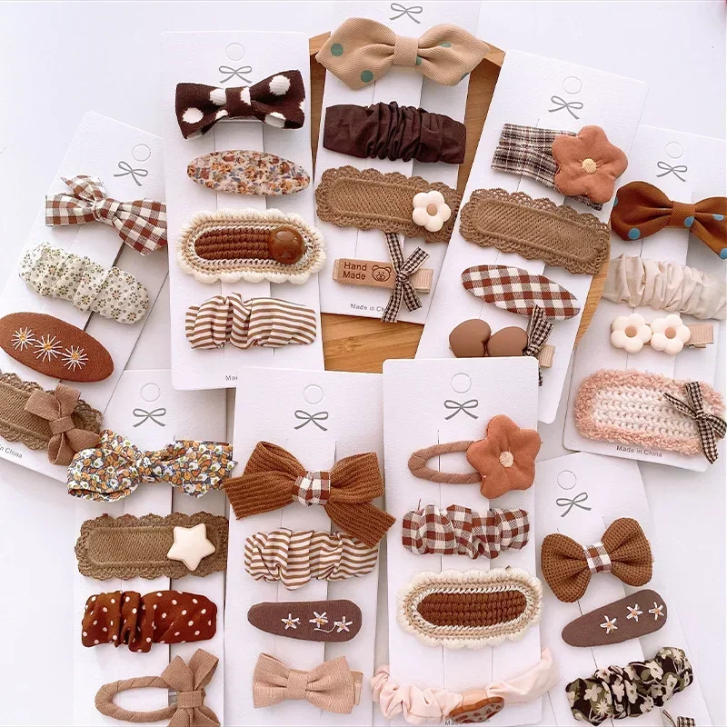 4/8pcs Korean Coffee Color Hair Pin Bow Knit Fabric Princess Hair Clips for Children Baby Girls Headwear Kids Hair Accessories