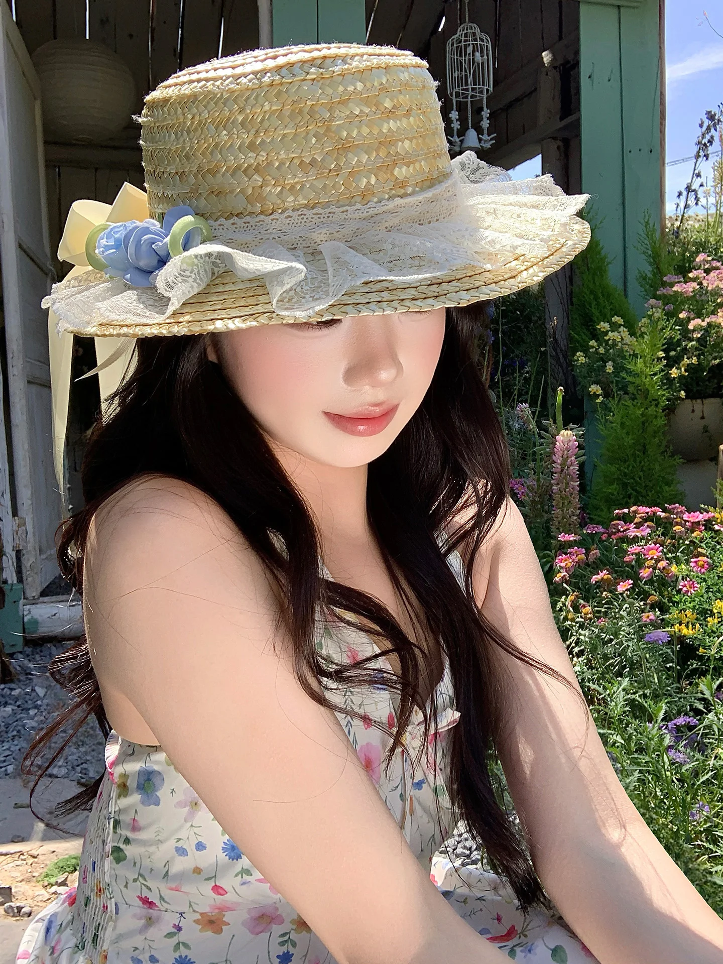 Summer  Lace Flower Flat Top Straw Hat Women's Beach Vacation Style Sun Protection Hat Grass Woven Gift Hat