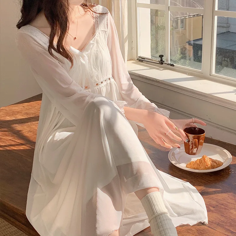 

Vintage Mesh Nightdress Summer Sexy Full Sleeve Night Dress Women Long Sleeve Nightgown Romantic Princess Sleepwear Nightwear