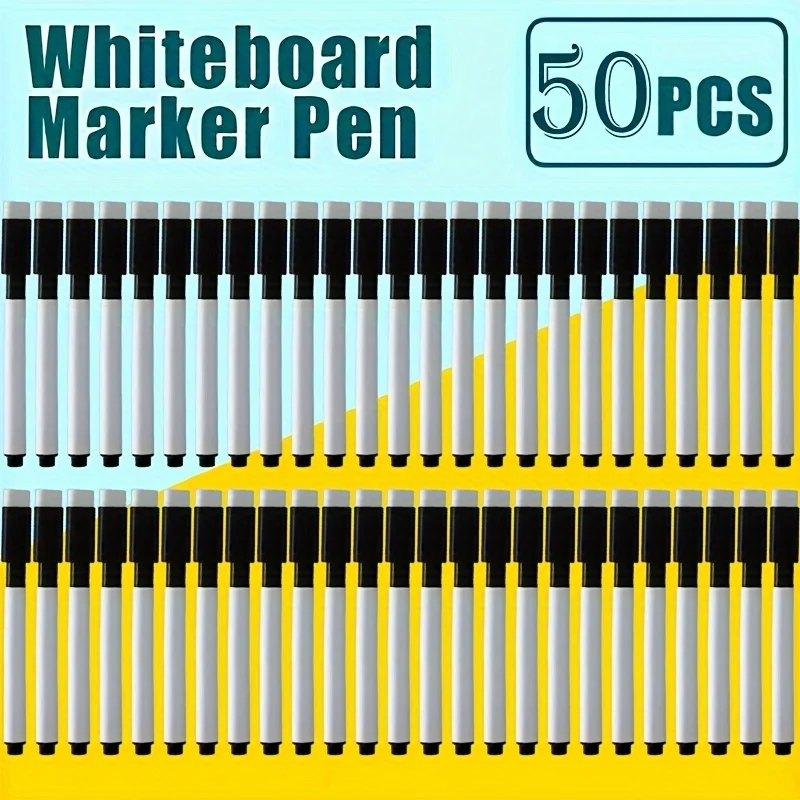 

50 Black Dry Eraser Marker with Built-In Eraser Caps - Mini Whiteboard and Blackboard Pens for School, Office and Home Use