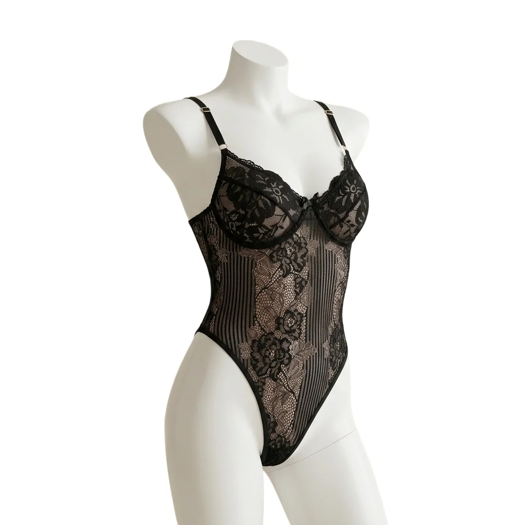 Black Lace Bodysuit Floral Sheer Mesh  Lingerie with V Neck and Adjustable Straps High Cut One Piece for Women Honeymoon
