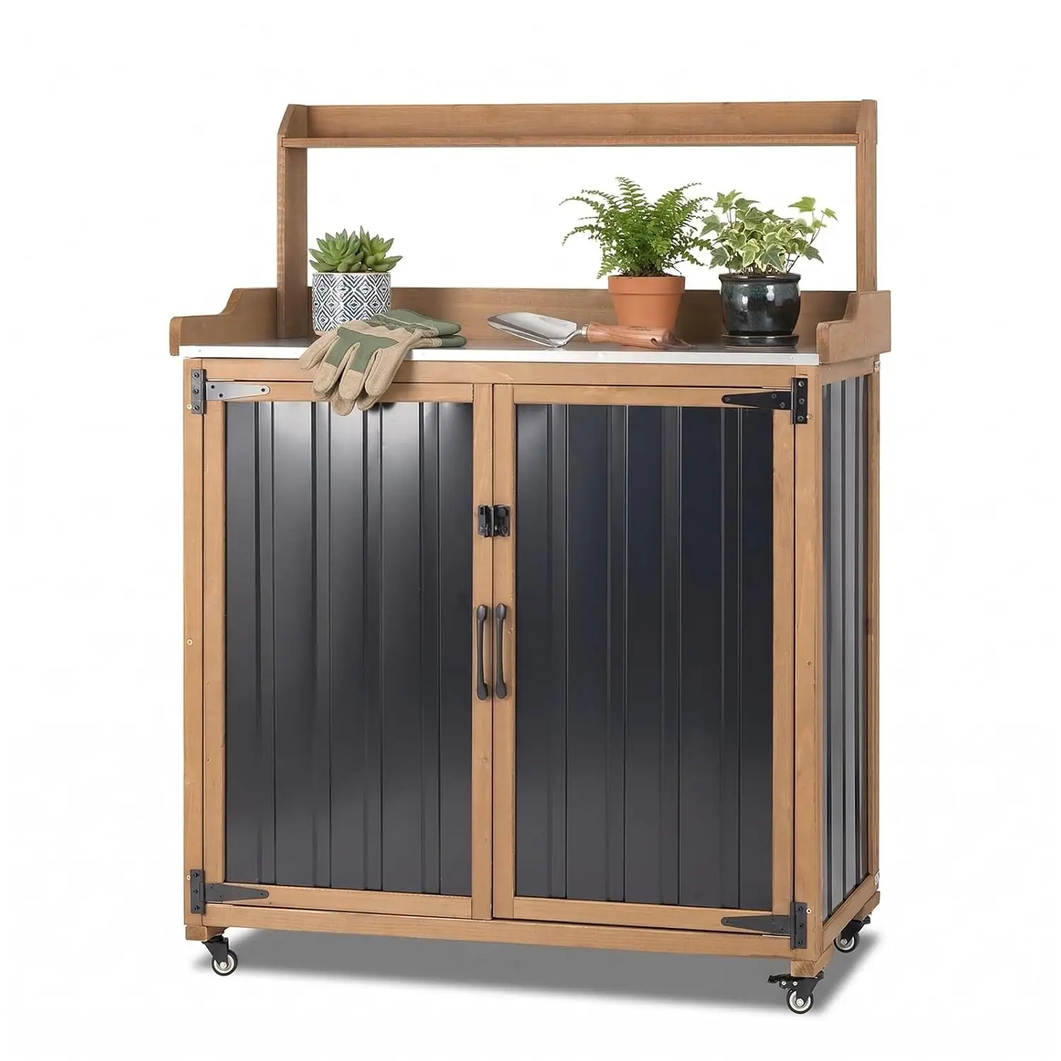 Outdoor Potting Bench with Metal Top, Storage Shelf & Cabinet, Rolling Garden Workstation for Backyard Patio, Customized