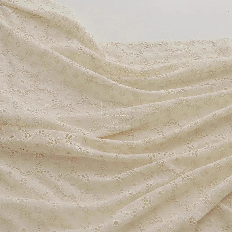 Apricot Pure Cotton Embroidered Fabric Clothing Dress Fabric Handmade DIY Apparel Sewing Fabric By The Meter