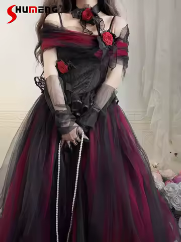 Gothic Black Red Mesh Splicing Long Dress Women's Summer New Flower Wedding Dress Women's Daily Slim-Fit Elegant Evening Dress
