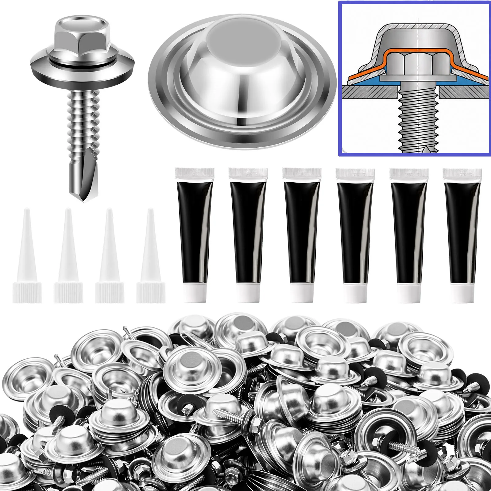 100Pcs Stainless Steel Screw Cap Covers Self Drilling Screws Waterproof Sealing Screw Caps with Glue for Roof Out Screws Repair