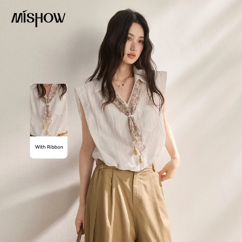 

MISHOW Relaxing Sleeveless Collar Shirt For Women 2026 Summer New Design Waist Slimming Tank Top With Gift Silk Scarf MXF22C2484