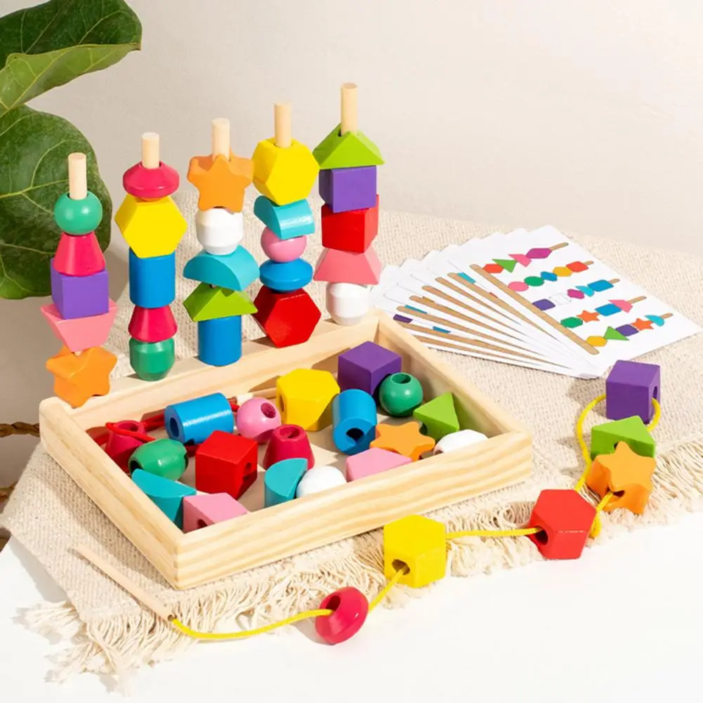 Educational Toy Set Wooden Beads Stacking Toy for Logic Problem-solving Skills Development Lacing Beads for Hands-on