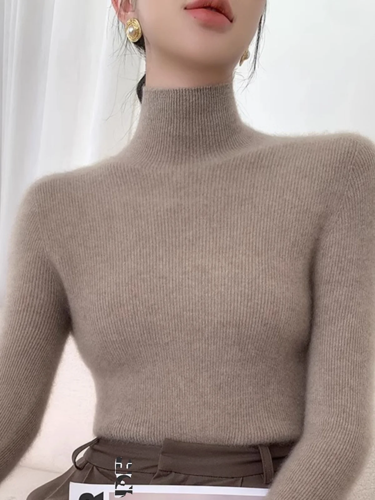 

Теплый вязаный свитер с высоким воротником для женщин, зимний базовый слой, облегающий трикотаж с воротником-стойкой, уютный топ