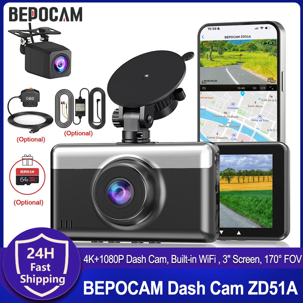BEPOCAM Dash Cam 4K+1080P 3 Inch IPS Screen 170°FOV Built-in WiFi Car DVR Camare G-Sensor 24H Parking Monitor External GPS ZD51A