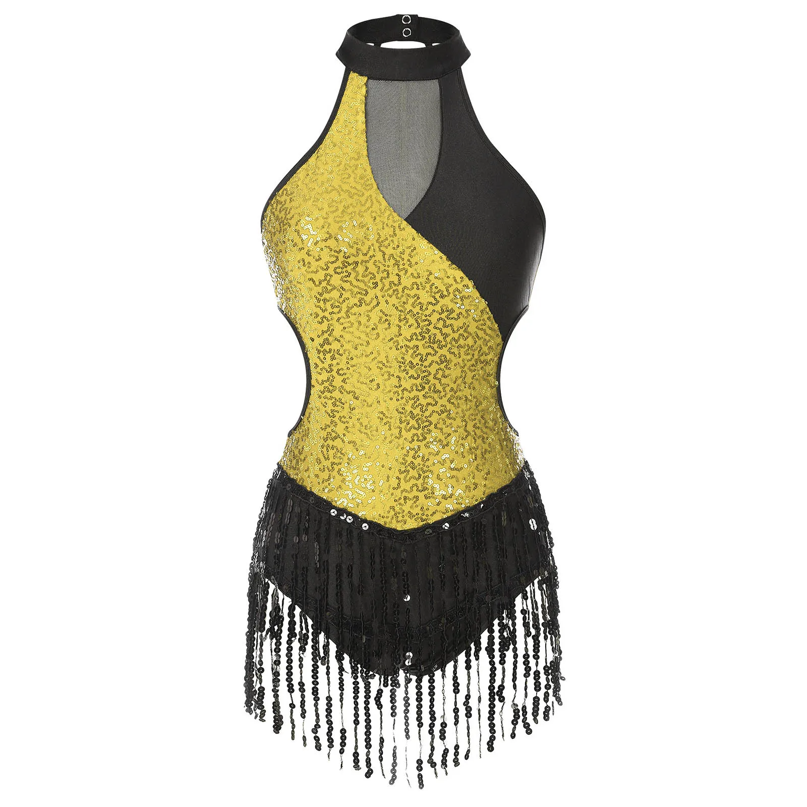 Damski strój do tańca latynoamerykańskiego Cha-Cha Ballroon, błyszczący cekinowy kombinezon gimnastyczny z frędzlami, trykot z rękawiczkami i kapeluszem