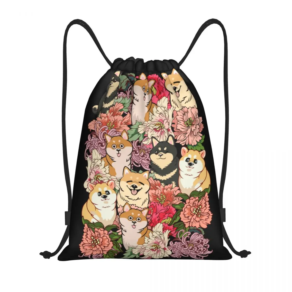 Shiba Inu Drawstring Bag Women Men Portable Gym Sports Sackpack Kawaii Japanese Dog and Flower Shopping Storage Backpacks