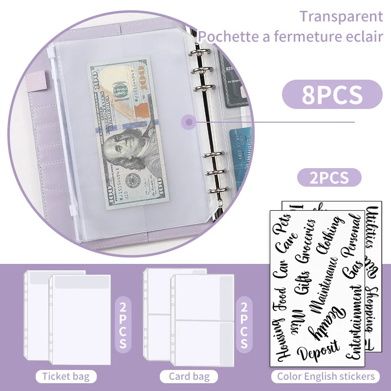 A6 Leather Budget Binder Notebook Cash Envelopes System Set With 6 Holes Binder Pockets for Money Budget Saving Bill Organizer