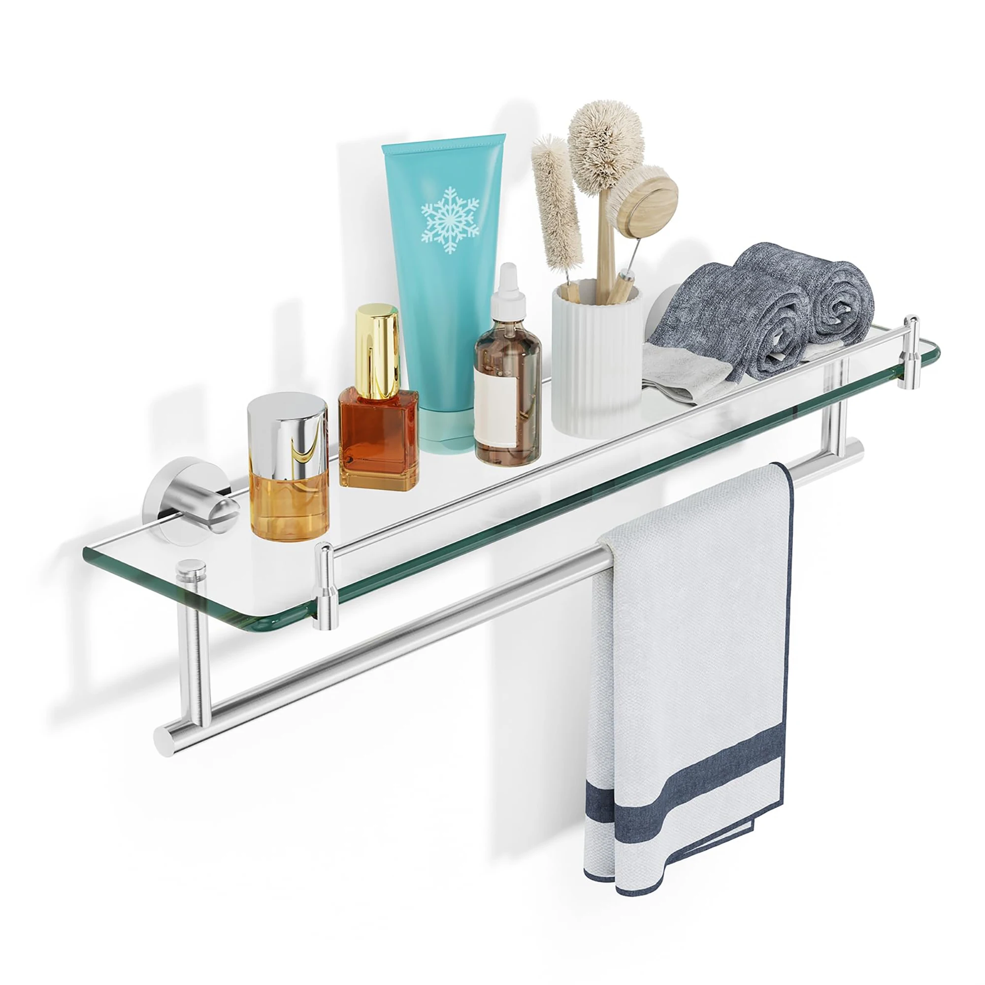 20 Inch Floating Tempered Glass Bathroom Shelf with Towel Bar