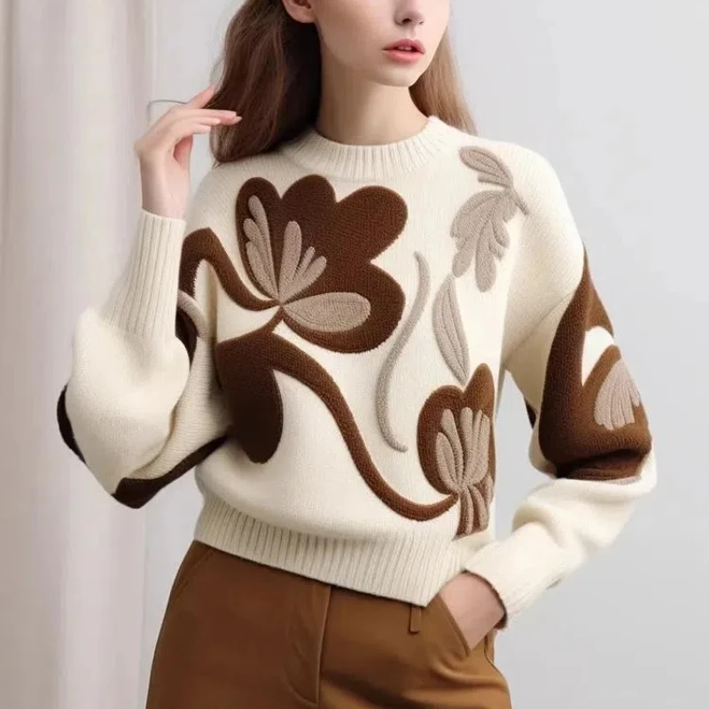 Women's Clothing Contrast Color Plant&Flowers Pullover Lantern Long Sleeve Geometric Sweater Knitted Autumn Winter Vintage Tops