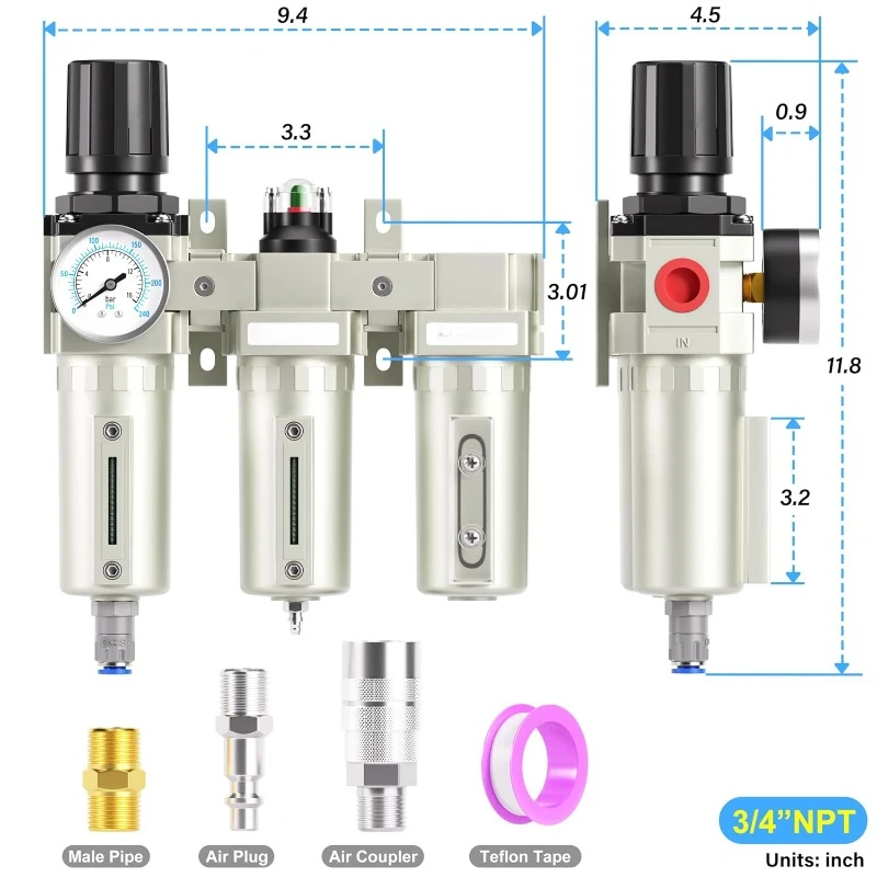 Industrial grade three-stage air drying systems, particulate filters, coalescing filters, desiccant dryers and air conditioners