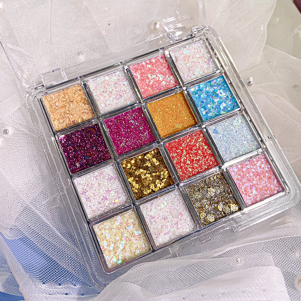 16 ألوان كاملة الترتر مسمار الفن بريق ظلال العيون لوحة تمييز رقائق حساسة بيرليسسينت لامعة عيون الجسم الصباغ ماكياج