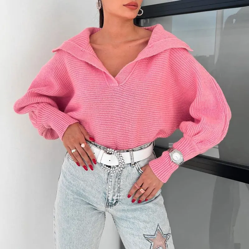 Women Big Lapel Half Zip V Neck Knit Sweaters Lantern Sleeve Autumn Winter Solid Color Loose American Retro Cropped Pullovers 5