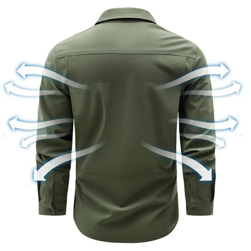 Men Outdoor Long Sleeves Elastic Quick Drying Cargo Shirts Spring Male Multi-pockets Thin Breathable Comfortable Tooling Shirts