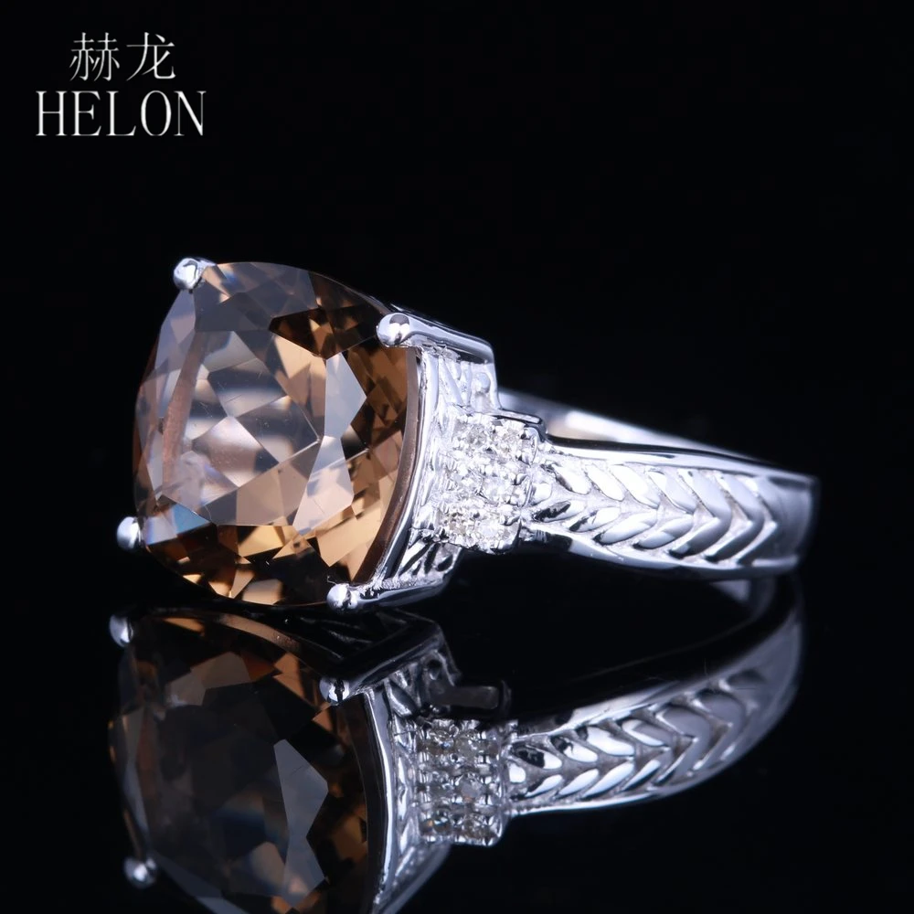 HELON Vintage Sterling Silver 925 Cushion 10mm Genuine Smokey Quartz Topaz Diamonds Engagement Ring Gemstone Trendy Jewelry