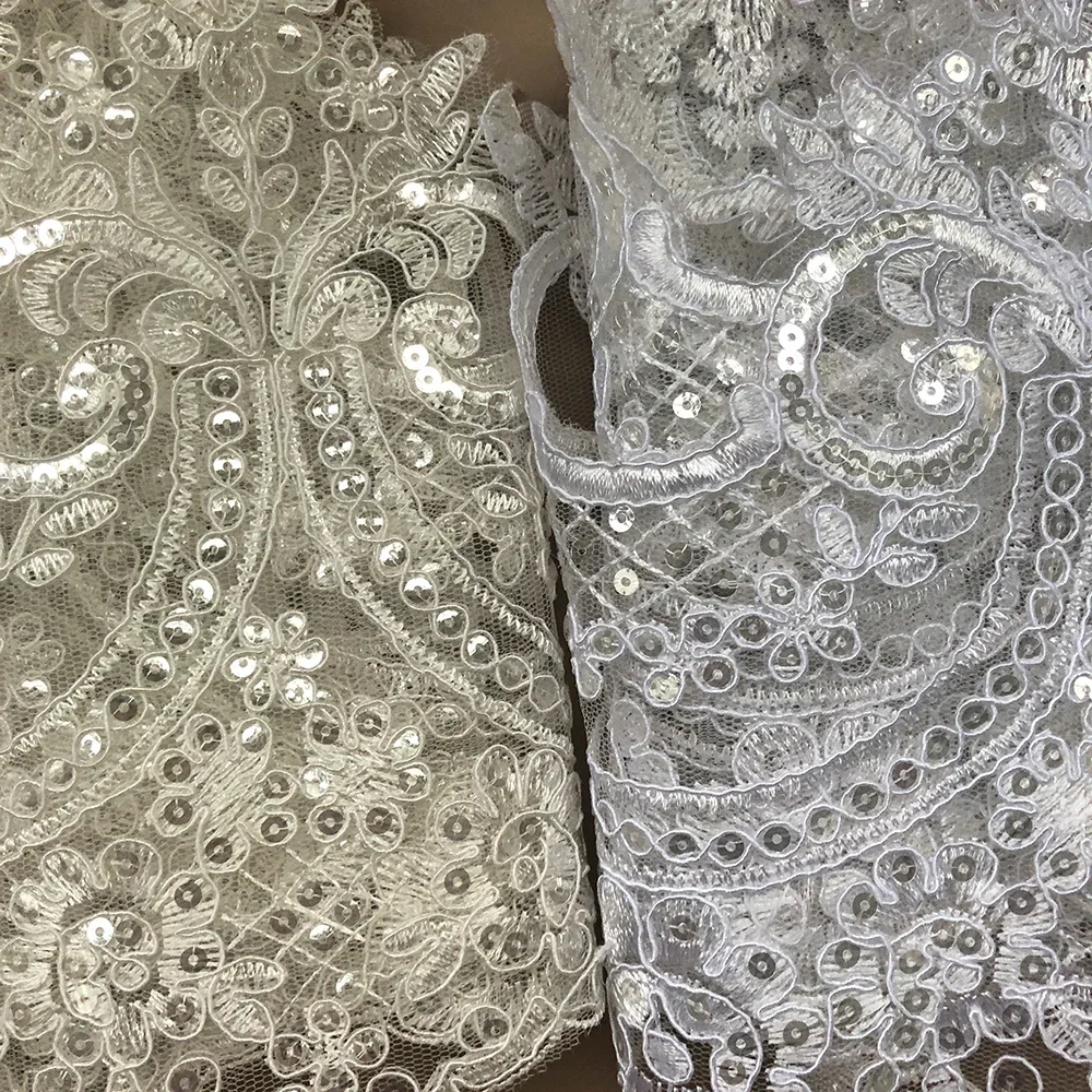 Delicate 1Y White/Ivory Sequin Cording Fabric Flower Venise Venice Mesh Lace Trim Applique Sewing Craft for Wedding Dress 23cm