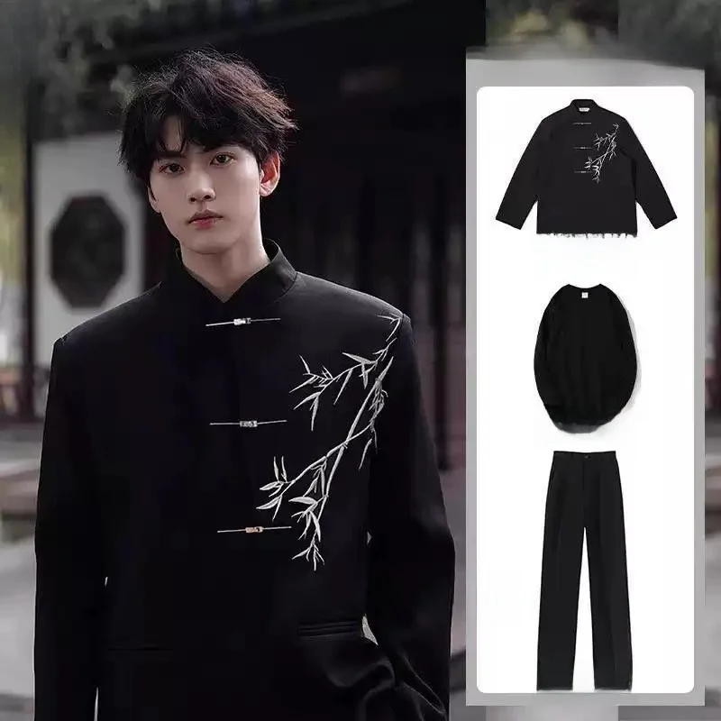 New Chinese Style Men's Suit Jacket College Style Pad Shoulder Stand Collar Wedding Companion Groomsmen Formal Wear Outerwear