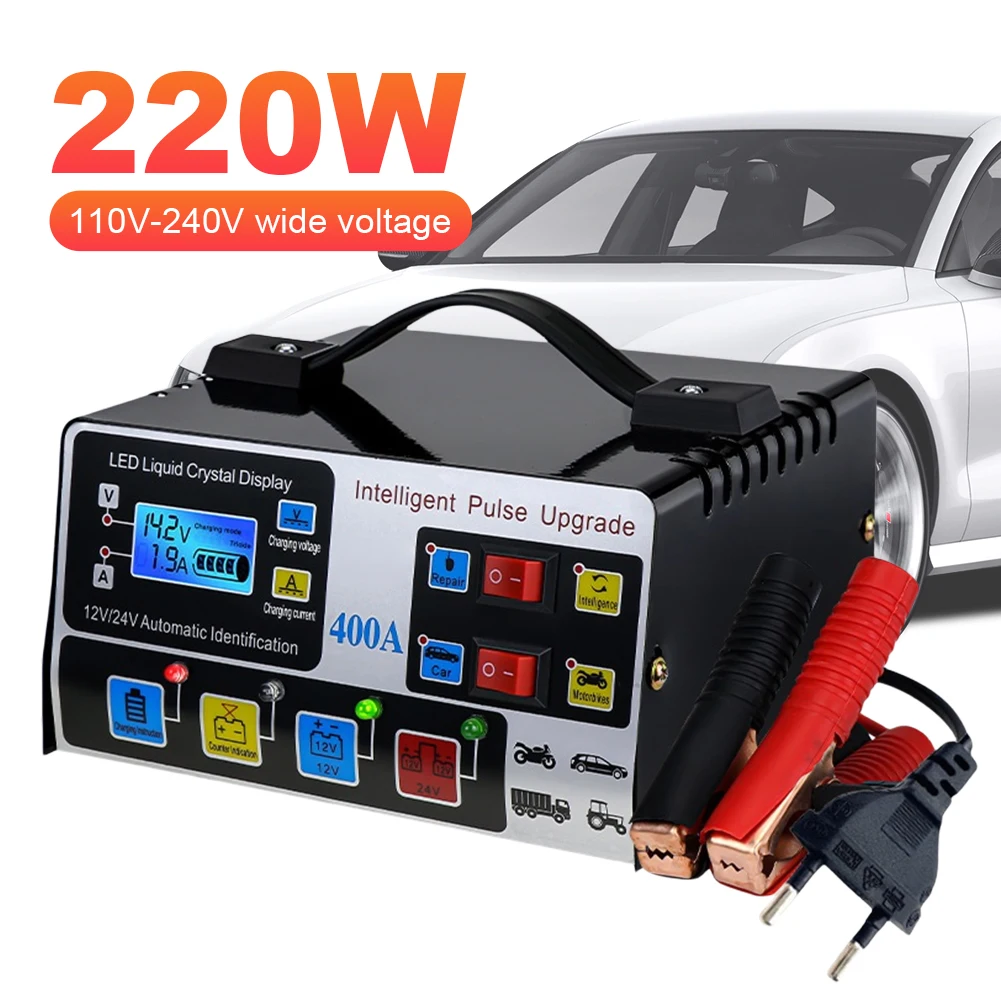 400A Heavy Duty Smart Battery Charger 220W Car Battery Charger Battery High Power Fast Charger Intelligent Pulse Repair Charger