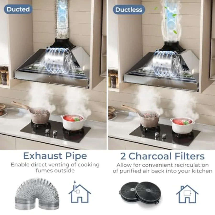 شفاط فوق الخزانة مقاس 36 بوصة مع تصميم قابل للتحويل بدون مجاري 900 CFM من الفولاذ المقاوم للصدأ لرسوم تهوية المطبخ