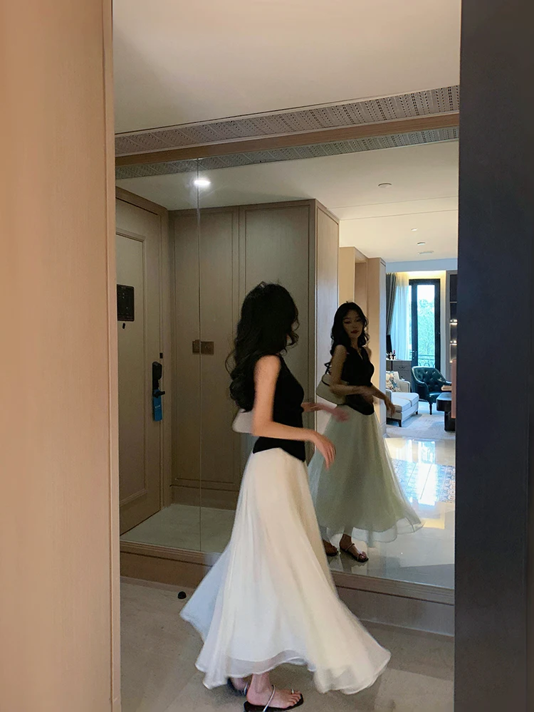 

High Waist A-Line Midi Skirt Fairy Tulle Spring Summer New Sle Women's Korean Sle Polyester Blend Long Skirts