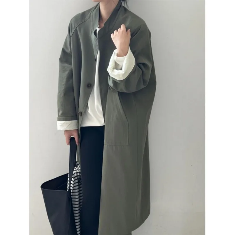 Fraya Lab Nowy Modny Casualowy Płaszcz Trencz z Stójką Damski Wiosenny Casualowy Płaszcz Trencz z Wykładanym Kołnierzem Zapinany na Guziki