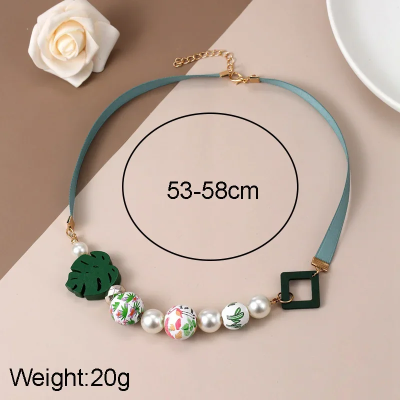 Wood Bead Statement Bib Necklace with Leaf Pendant and Satin Ribbon for Women Vintage Jewelry
