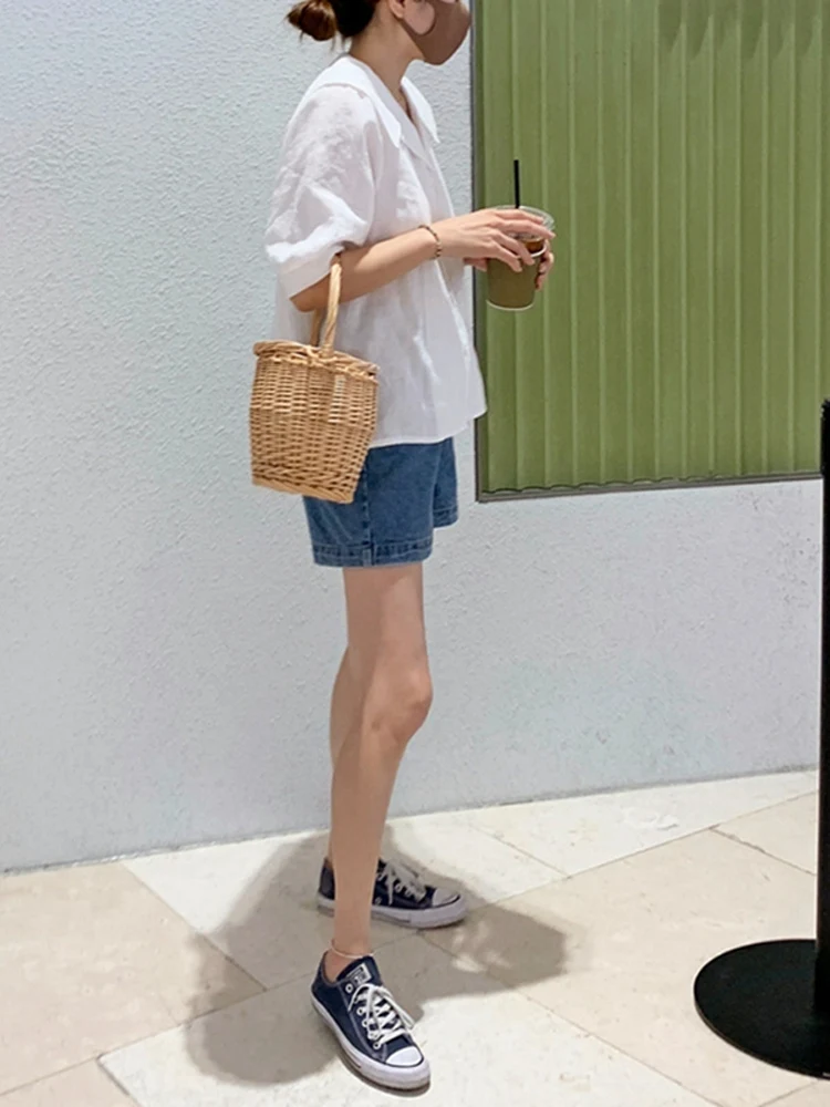 

Loose Women's irt New Navy Collar ort Sve Multi-Buled Summer Fre Cool Commuting French Sle Straight Cut Linen