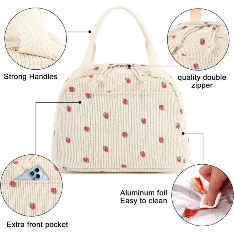 Niedliche Cord-Lunchtasche für Frauen, Isolierte Wiederverwendbare Lunch-Tasche mit Erdbeer-Print, Tragbare Thermische Mahlzeiten-Vorbereitungstasche für Picknicks – Detail 6