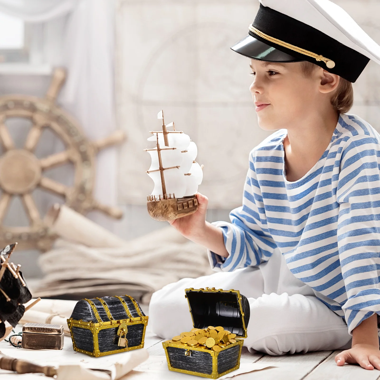 

1pcs Plastic Pirate Game Key Classroom Storage Container Pretend Play Prizes Reward Box Pirate Chest Treasure Box