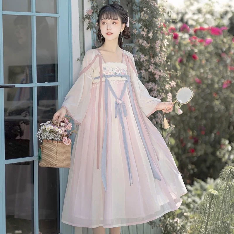 

New Chinese Han Element Improvement Hanfu Ancient Style Sweet Daily Dress Summer Pink Kawaii Dresses Fairy Lolita