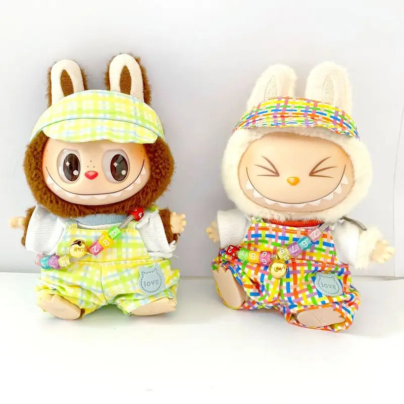 Labubu Tęczowa Krata Kolorowe Ogrodniczki Zestaw Ubranek dla Lalek Pierwszej i Drugiej Generacji Wiszące Ozdoby Ubranka dla Lalek Zabawka dla Dzieci