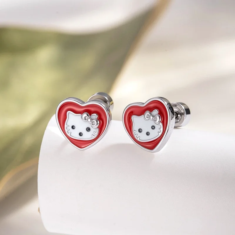 

Anime Kawaii Heart Shaped Hello Kitty Titanium Steel Earrings Cute Cartoon Kitty Cat Ear Bone Nail Earrings Jewelry Accessories