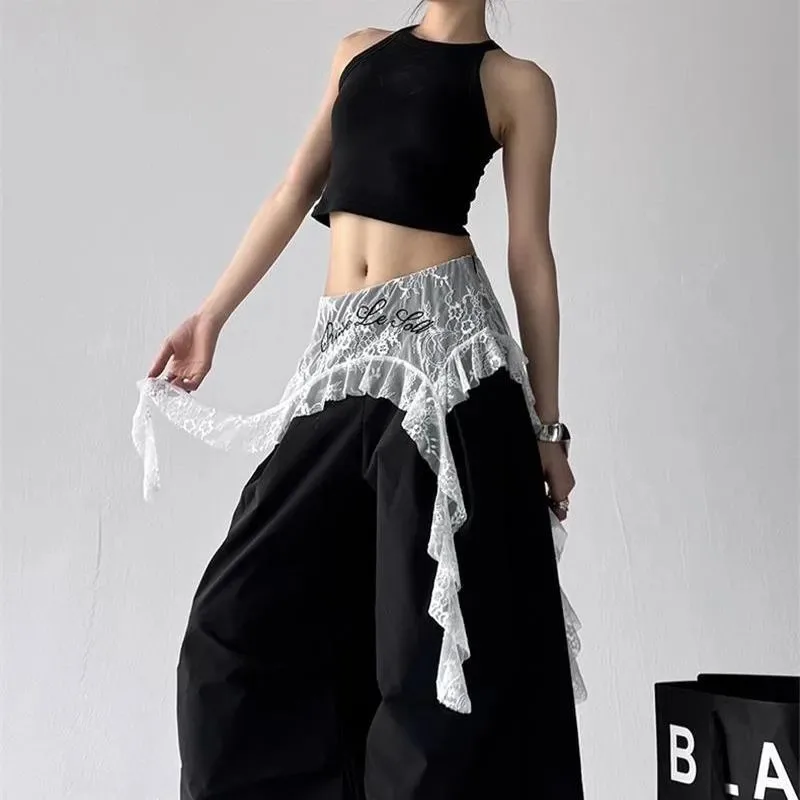 

Y2k Aesthetic Lace Irregular Ruffled Skirt Women Letter Embroidery Grunge Jupe 2026 Streetwear Summer See Through Grunge Skirts